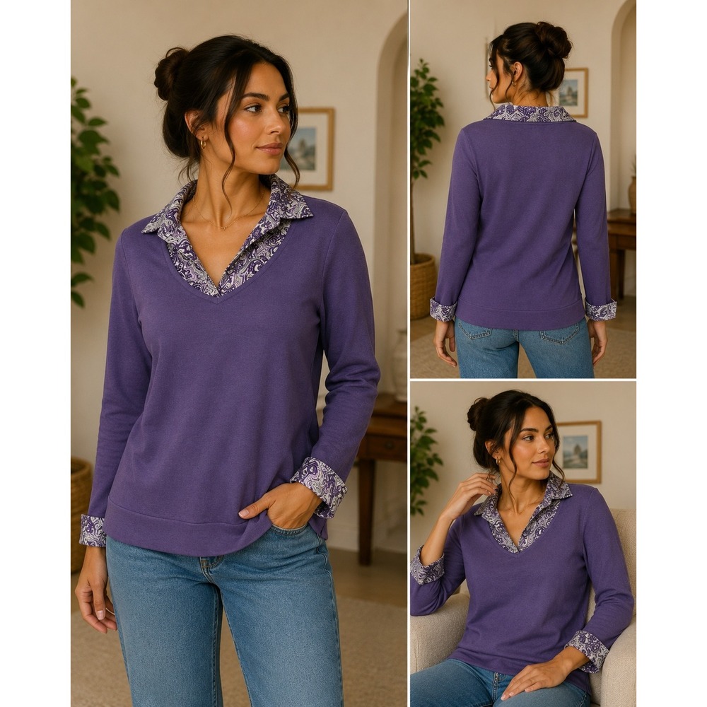 Geoffrey Beene Sport Layered Paisley Sweater Womens Large Purple Preppy Office